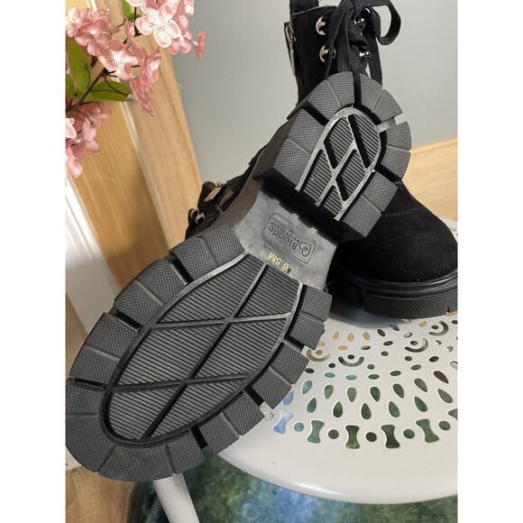 Womens Black Suede Lace-up Combat Boots Chunky Lug Sole Ankle Winter Booties 6.5 - Picture 9 of 14